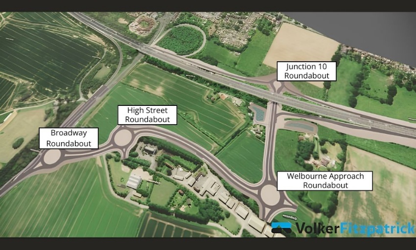Aerial graphic showing the planned new road layout and roundabouts at M27 Junction 10 and the A32 Wickham Road area.